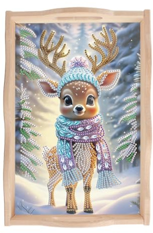 SHEGZHUC Diamond Painting - Vassoio da portata con manici, 20 x 30 cm, con diamante, motivo: cervi, animali, in legno, rettangolare, per la colazione