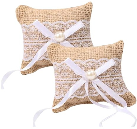 OHEETU Lot de 2 coussins en toile de jute avec nœud en dentelle vintage pour bagues de mariage