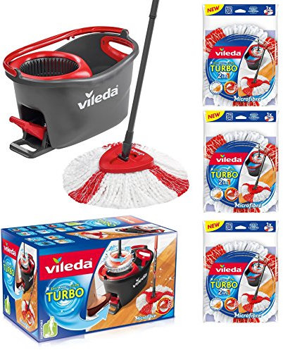 VILEDA Turbo EasyWring & Clean Complete Set with Bucket and Power Slingshot Plus 3 Replacement Heads Turbo