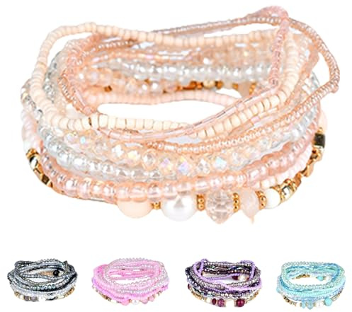 Uhat® Multi Layers Handmade Bracelet Bohemian Beaded Bracelet Colorful Strand Wrap Layered White Faux Pearl (Beige)