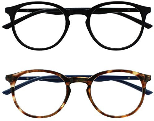 OPULIZE Met-Brille Blaulichtfilter 2er Pack Schlank Runder Rahmen Federscharniere Verbessert Schlaf Computerbrille Gaming Entspiegelt Schwarz Braun Herren Damen BB60-12 +0.00