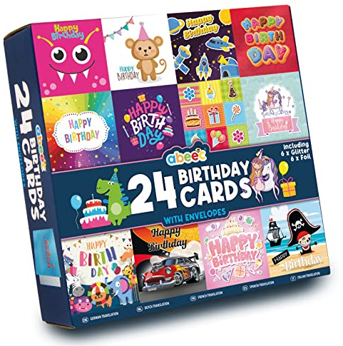 abeec 24 Kids Birthday Cards Multipack with Envelopes and Stickers, 12 Unique Assorted Designs for Boys and Girls, Childrens Card Pack for Parties, Classrooms and Gifts