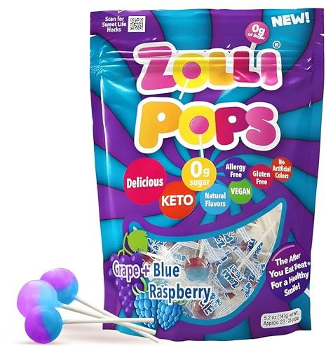 Zollipops Duo Pops Blue Raspberry Grape, Sugar Free, Allergy Free, Vegan, Ketogenic Diet and Diabetics, Natural Sweets for Teeth Cleaning