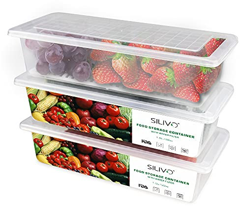 Fridge Organiser with Lids, SILIVO Food Storage Containers with Draining Grid, Fridge Organiser for Storing Fresh Fruit, Vegetable and Cheese (3 x 1.5L)