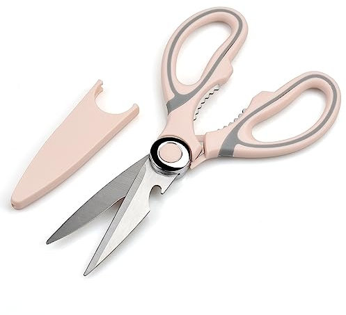 Tijeras de Cocina, Tijeras Cocina Multifunción, Tijeras Cocina Profesionales Funda Protectora para Cuchilla, Acero Inoxidable Tijeras para Pollo, Carne, Verduras, Hierbas, Barbacoa (Rosa)