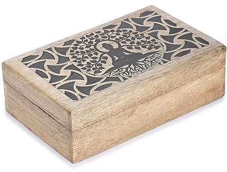 Ajuny Scatola Portagioielli in Legno di Mango 20×13×6,5 cm – Cofanetto Vintage Fatto a Mano con Motivo Albero della Vita, Organizzatore per Gioielli e Orologi, Scatola dei Ricordi, Idea Regalo Casa