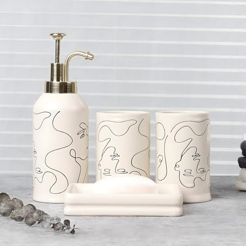 Santentre 4-teiliges Keramik Badezimmer Set, Künstlerisch Linie Gesicht Badezimmer Zubehör Set mit Seifenspender, Zahnbürsten-Halter, Becher, Seifenschale, Abstrakt Badezimmer-Set für Dekor, Creme