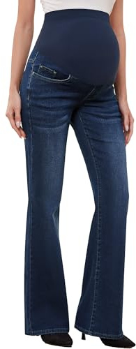 GLAMIX Women's Stretch Maternity Bootcut Jeans with Pockets Over The Belly Bell Bottoms Flare Denim Pants Pregnancy Clothes(Vintage Blue, S)