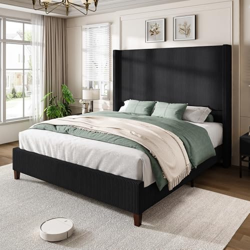 AMERLIFE King Size 62 Corduroy Upholstered Bed Frame, Luxurious Platform Bed with Extra Tall Wingback Headboard and Vertical Stripe, No Box Spring Needed/Solid Wood Slats & Legs/Black