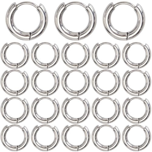 SUNNYCLUE 1 caja de 24 aros plateados de acero inoxidable, anillos redondos de metal, aretes con cierre trasero para joyería, manualidades
