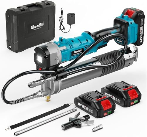 ONEVAN engrasadora bateria, 10.000 PSI Pistola engrasadora eléctrica con 2 baterías de 3000 mAh, Mango Giratorio de 90°, Bomba de engrase con Manguera y Tubo rígido para Equipos mecánicos