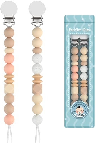 Yolnkos Schnullerkette Junge mädchen Dummy Clips Schnuller Clips Halter Schnullerketten für Babydusche 2 Stück(Beige)