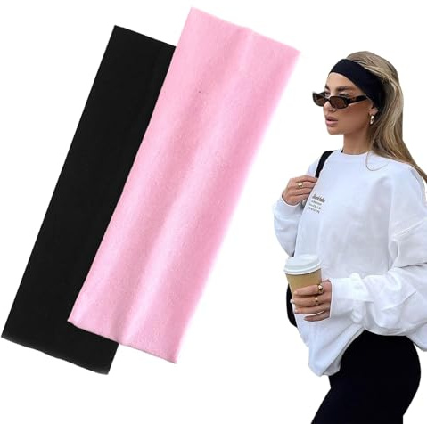 7cm Wide Black Headbands for Women Men, Yedtreg 2pack Fashion Head Bands for Women's Hair, Soft Fabric Stretchy Hair Bands for Makeup, Yoga, Running, Sports (Black/Pink)