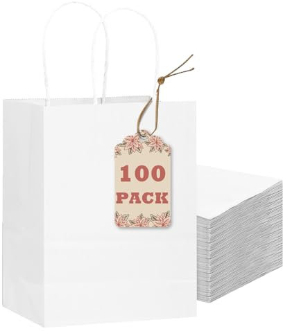 Gcardist 100-Packs weiße Geschenk-Taschen mit Griffen Bulk 8.3x6x3.15 kleine Größe Papiertüten mehrere Verwendungen (15x8x21, kleine Größe)