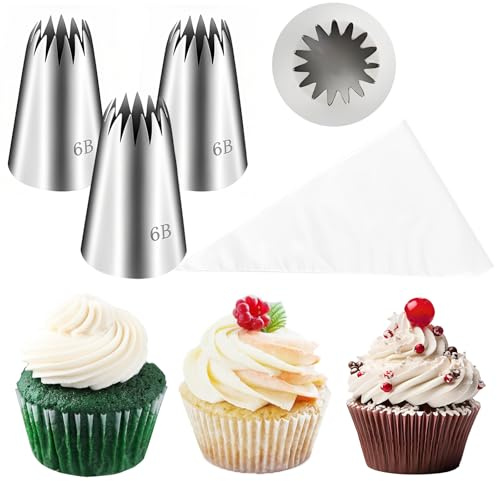 FANTEXY 3 Pieces 6B Large Piping Tips with 20 Disposable Piping Bags,Piping Bags and Tips Set,Frosting Icing Tip,Cake Decorating Kit,Large Icing Nozzle,Frosting Star Tip for Churro Cupcake Cookie