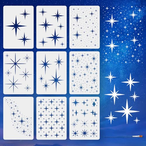 FINGERINSPIRE 9 Pcs Large Star Painting Stencil with Brush 21x29.7cm 9 Styles Twinkle Star Drawing Template Galaxy Milky Way DIY Decoration Stencil for Painting on Wood Wall Fabric Furniture