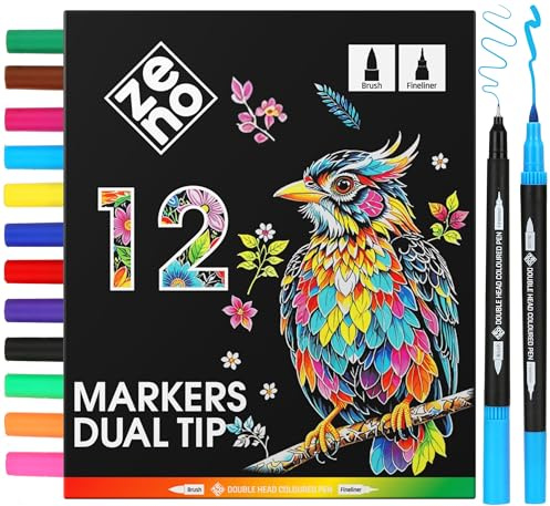 ZENO Dual Tip filtpennor 12 stycken med penselspets och fin spets | Vattenbaserat bläck utan genomtryck i stabil kartongförpackning