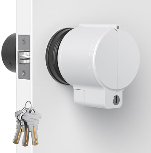 AST Door Knob Lockout Device with 3 Keys, Childproof Door Knob Covers, Lock Out to Smart Doorknob. Safety Cover for Faucet, Valve, Spigot. Prevent Access to Keyhole, Matte White with Brass Keys