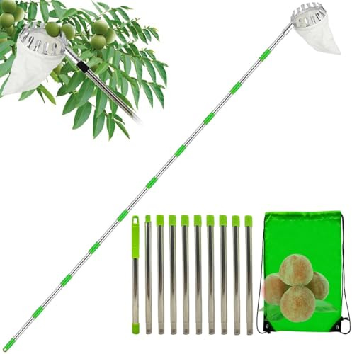 Fruit Picker with Telescopic Handle 2-4meters and Cotton Bag - Long Reach Harvesting Tool for Picking Apples, Pears, Cherries from High Branches for Garden Use, Orchard Work, Home Fruit Harve