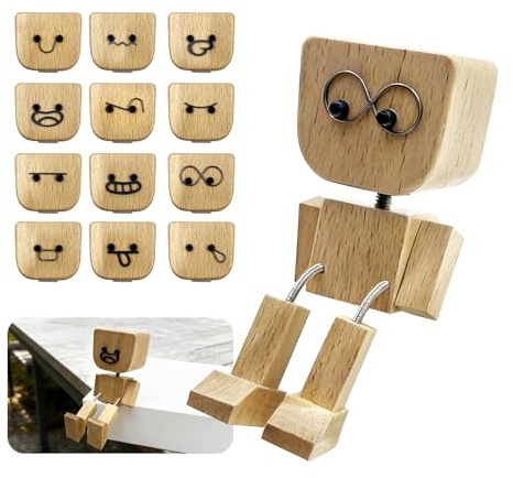 Shaking Wooden Man Figurine, Charming Little Wood Figure That Sways with Magnetic Expressions, Shaking Feet Wooden Doll for Car Dashboard, Funny Bobblehead Desk Decor, Gifts for Wife Daughter