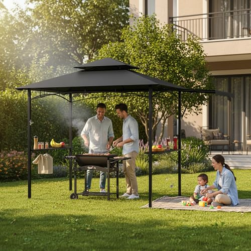 UISEBRT Grillpaviljong med utdragbar sidomarkis, grillskydd med 2 hyllor, krok och flasköppnare, väderbeständigt dubbeltak för ventilation och rökutsugning, 245 x 141 x 253 cm, svart