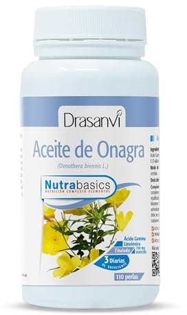 DRASANVI NUTRABASICS ACEITE DE ONAGRA - Vitamina E - Obtenido a través de prensado en frío - Contribuye a mantener niveles normales de COLESTEROL - SIN GLUTEN - 110 perlas