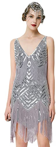 BABEYOND Women's 1920s Flapper Dress V Neck Slip Dress Roaring 20s Great Gatsby Dress for Party (Light Gray, S)