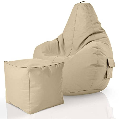Green Bean© Set de 2: Pouf + Tabourets - remplis - Robustes lavables résistants à la saleté - Enfants & Adultes Bean Bag Coussin de Sol Lounge Chaise Fauteuil Relax Gamer Siège de Gaming - Beige