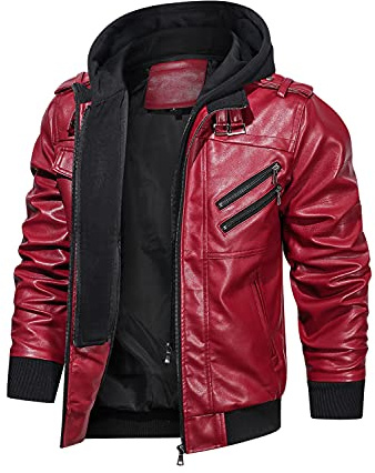 HOOD CREW Men’s Casual Stand Collar PU Faux Leather Zip-Up Motorcycle Bomber Jacket With a Removable Hood Red L