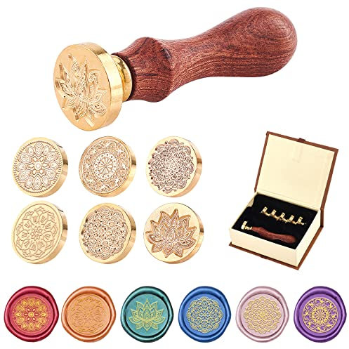 PandaHall Blumenwachssiegelstempel, 6 Stück Yoga Siegellack Stempel Kopf Mit Holzgriff, Vintage Retro Klassische Lotus Siegelwachsstempel Für Einladungskarten Briefumschläge Weinpakete