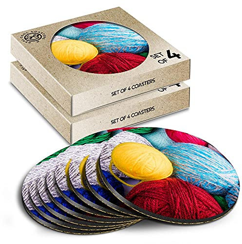8 x Eco Boxed Cork Coasters - Wool Balls Knitting Knit Drink Cup Mug Glass Table Mat #2588