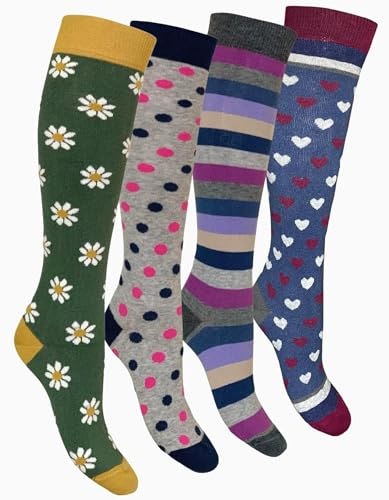 4 paires de Chaussettes Hautes Montantes pour femme en coton chaud, haute qualité, fabriquées en Italie, taille unique (Combinaison 7)