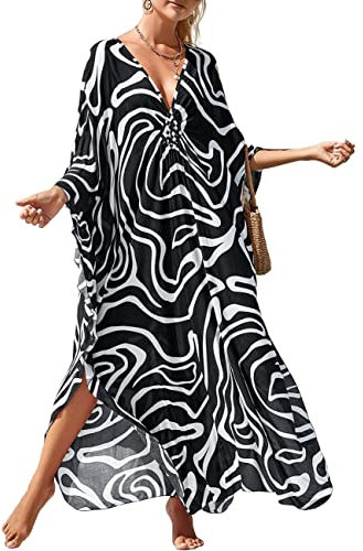 Bsubseach Abiti Kaftan Coprire per costumi da bagno Donne Plus Size Animal Print Caftan Resort Dress, D-nero Arco Bianco, Taglia Unica
