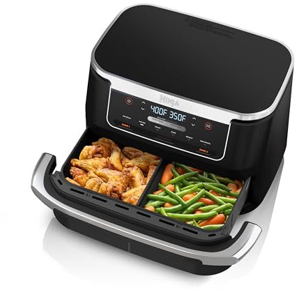Ninja Foodi Air Fryer | 6-in-1 with 7-QT MegaZone & Basket Divider for Large Proteins & Full Meals | Cook 2 Foods at Once | 450° F | Air Fry, Roast, Broil, Dehydrate, Keep Warm & Bake | Black | DZ071