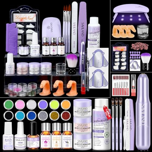 Saviland Kit Complet d'Ongles en Acrylique: Kit Poudre Acrylique, Liquide Acrylique avec Ponceuse à Ongles, Pinceau Acrylique, Vernis Semi Permanent, Capsules, Outils d'Art des Ongles