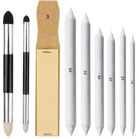 9 Stück Papierwischer Set, 8 Verschieden Skizzen Papierwischer Schwamm Radierstift Waschbar Doppelendiger, Zeichnen Blending Stümpfe Radiergummi Stift für Hochglanz Detail, Skizze Zeichenwerkzeuge