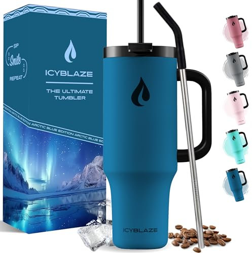 ICYBLAZE 40oz Tumbler with Straw and Lid | 2 Straws & Handle | Travel Mug | Insulated Coffee Cup | Flasks for Hot and Cold Drinks | Iced Coffee Cup | BPA-Free (Artic Blue)
