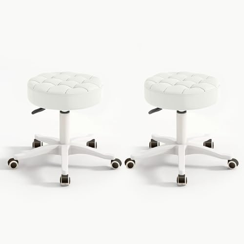 HDHNBA Small Chair Round Rolling Stool with Wheels PU Leather Height Adjustable Swivel Drafting Work SPA Salon Stools Home Office Chair,2 Pack