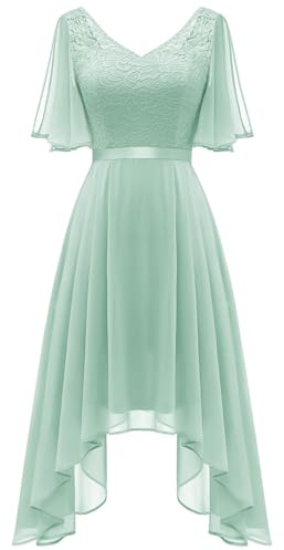 Berylove Robe de soirée courte élégante pour femme - Col en V - Ourlet asymétrique - Robe de cocktail - Manches fendues - Robe en dentelle, vert clair, XS