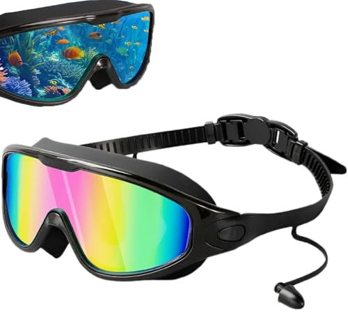 Snrtevu Wide View Anti Fog&Uv Swimming Goggles, Verstellbare Schwimmbrille, Schwimmbrille Herren Damen Mit Ohrstöpsel Dichtungen, Schwimmmaske Erwachsene, Großen Gläsern (STYLE-1)