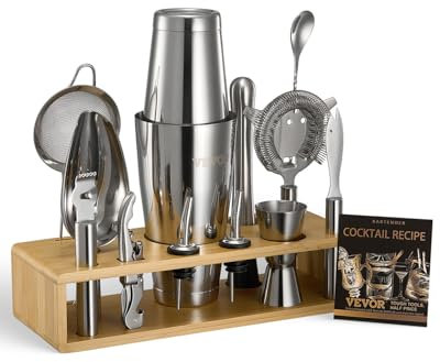 VEVOR Set Agitatore per Cocktail, 13 Pezzi Utensili in Acciaio Inox, Kit da Boston Barista con Supporto Bambù Cucchiaio Miscelatore, Pestello, Versatori per Liquori, Pinza Ghiaccio Argento