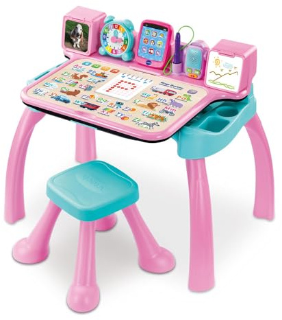 VTech - Magi Bureau Interactif et Musical 6 en 1 - Bureau Enfant Rose avec Tabouret - Table de Jeux Éducative, Chevalet à Dessin et Tableau Noir à Craie - Cadeau Enfant Dès 3 Ans - Contenu en Français