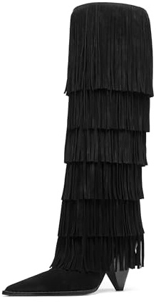 Michael Kors Women's Jayla Heeled Boot, Black/Suede Fringe, 6.5