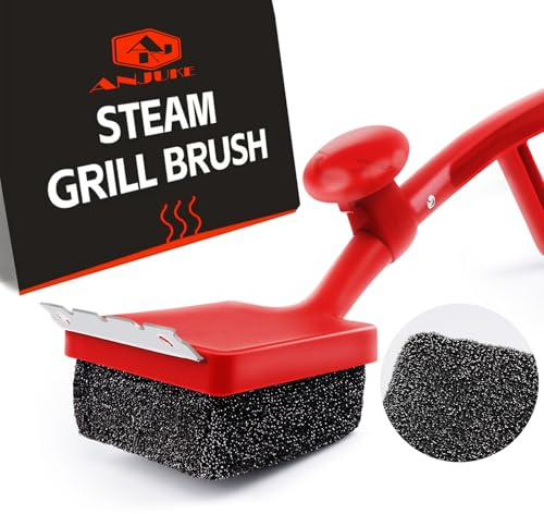 Grillbürste ohne Metallborsten, ANJUKE 4-in-1 Sichere Dampf-Grillbürste für Gussrost mit Edelstahl Spatel und Austauschbar Grillbürstenkopf, für Gasgrill, Holzkohlegrill, Kugelgrill