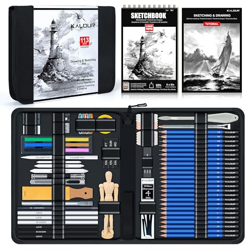 KALOUR Kit profesional de bocetos de 113 piezas con 3 colores, kit de suministros artísticos con bolígrafos y carbón, bolsa negra con cremallera