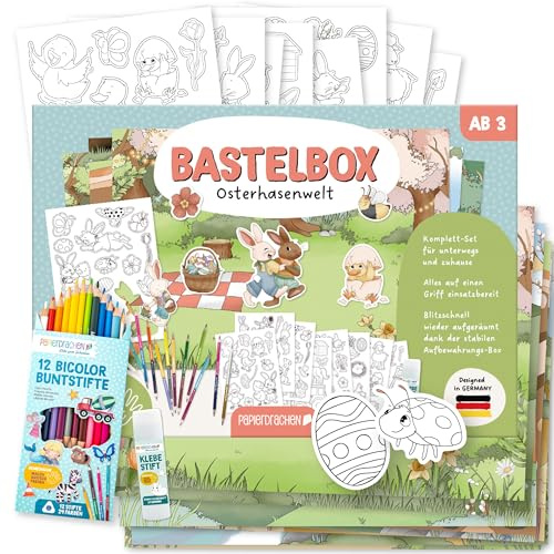 Papierdrachen Bastelbox Osterhasenwelt - Komplettes Ostern Bastelset ab 3 Jahren - Inkl. Buntstifte & Kleber - Kreatives Geschenk für Kinder & Ostern