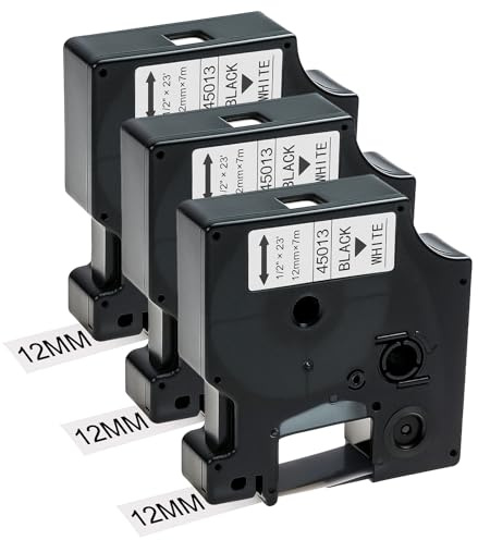 3 Stücke Etikettenband, Schriftbänder 45013 Kompatibel mit Dymo D1 12mm x 7m Etiketten Selbstklebend Schwarz auf Weiß für LabelManager 150 160 210D 280 350 420P LabelPoint 150 350