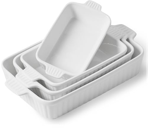Feenmai Casserole Dishes for Oven, Ceramic Baking Dishes, Porcelain Bakeware Set of 4, Rectangular Baking Pan, White Deep Lasagna Pan with Handle for Cooking, Roasting, Cake, 15.3/12.8/11.6/9.8
