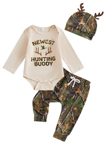 Ensemble de 3 pièces pour nouveau-né garçon Automne Hiver Vêtements de chasse Manches longues Renne Imprimé Lettres Barboteuse Body Jungle Camo Pantalon Bois Chapeaux