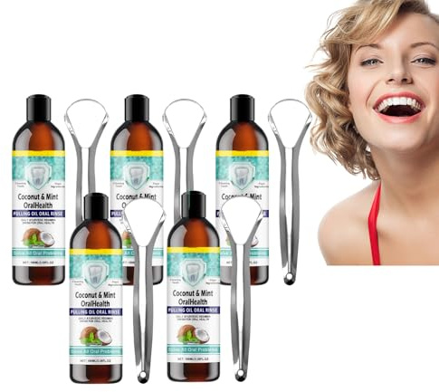 Collutorio Coconut Oil Pulling - Collutorio Coconut Oil Pulling per l'igiene orale - Risciacquo naturale per combattere la placca e l'alito cattivo - con raschietto per la lingua, 100ml (5 bottiglie)